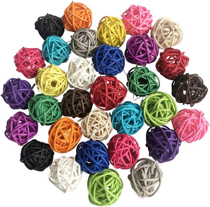 32 Pack Rattan Balls for Birds, 1.2 Inch Wicker Chew Toys for Parrots, Parakeets & Small Pets, Natural Cage Bite Balls, DIY Craft Accessories, Vase Fillers, Multi-Color