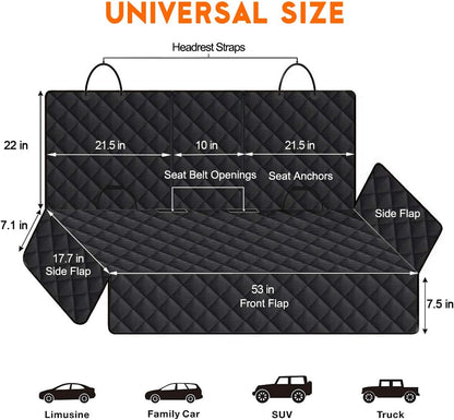 Dog Car Seat Cover - Waterproof Back Seat Protector for Pets, Non-Slip Design with Middle Armrest Compatibility for Most Cars, SUVs, and Trucks - Black